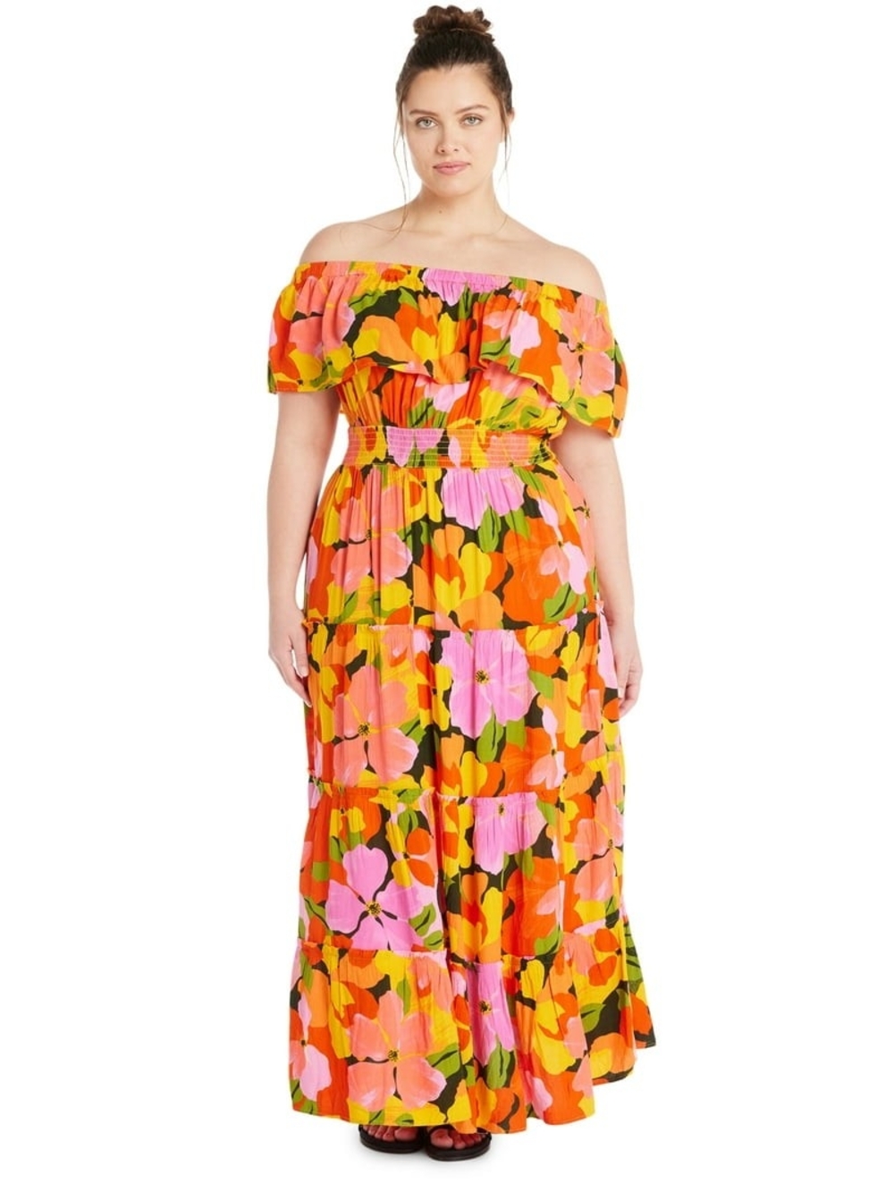 Terra Skyy Plus Off-Shoulder Floral Maxi Dress in Multicolor